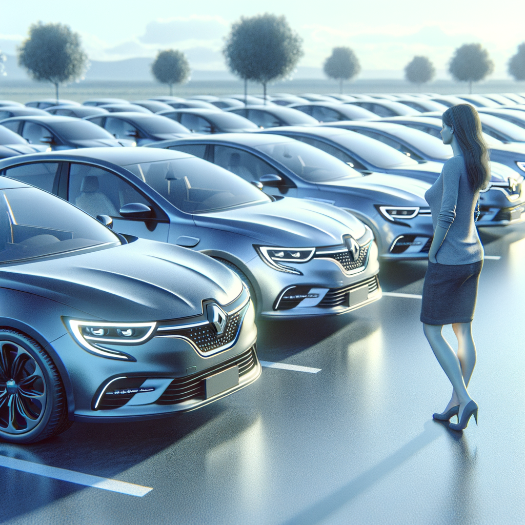 10 Voitures type renault et peugeot, en premier plan une femme s'interogge , style 3D HD