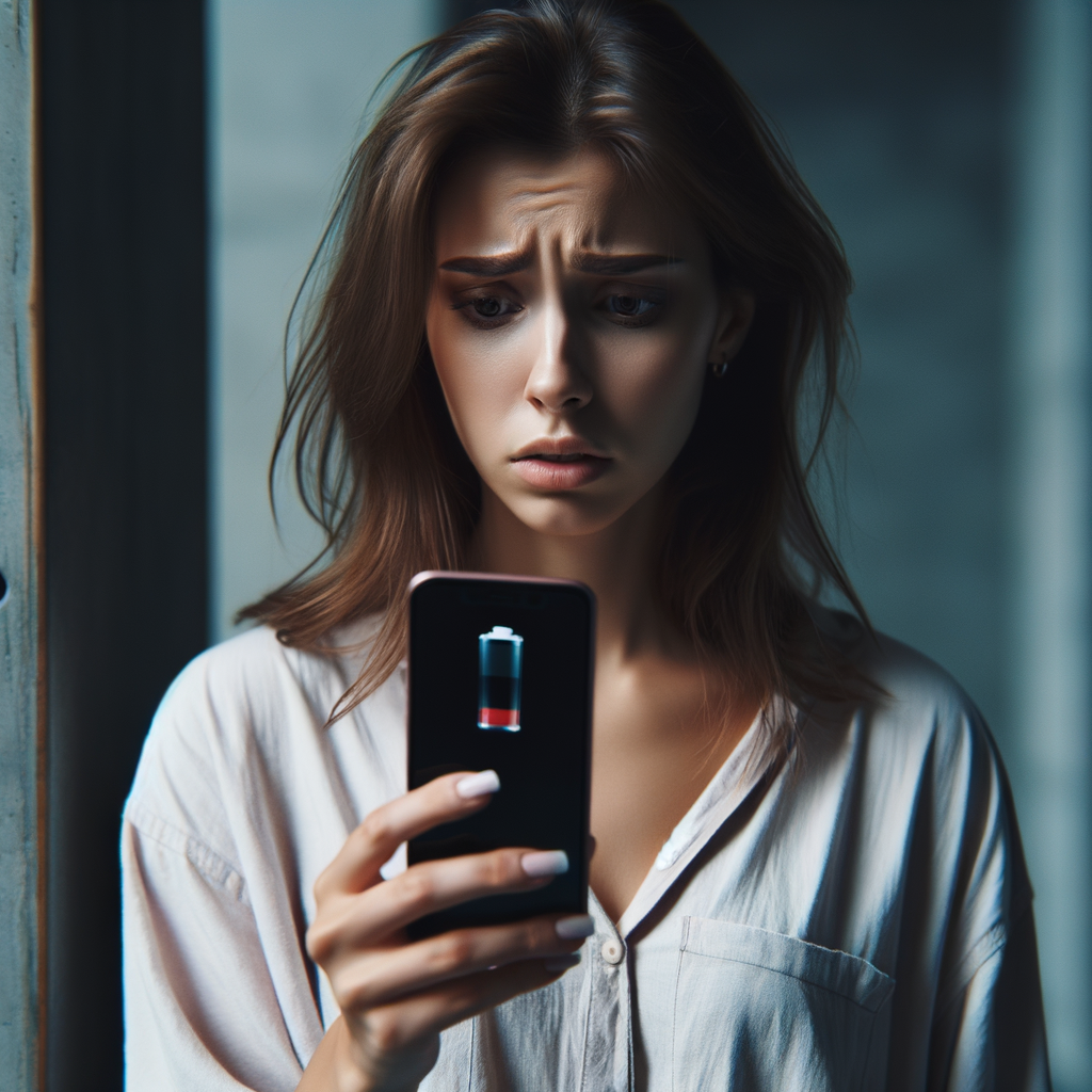 une jeune femme qui regarde son téléphone portable qui n'a plus de batterie